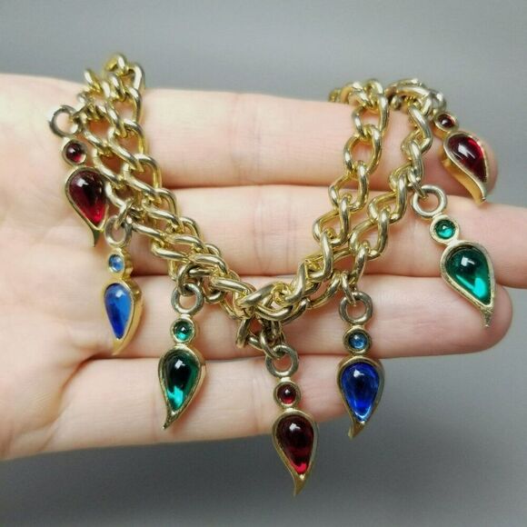 Vintage Jewel Tone Rhinestone Charm Bracelet, Two Strand Gold Tone Toggle Clasp - Picture 5 of 6